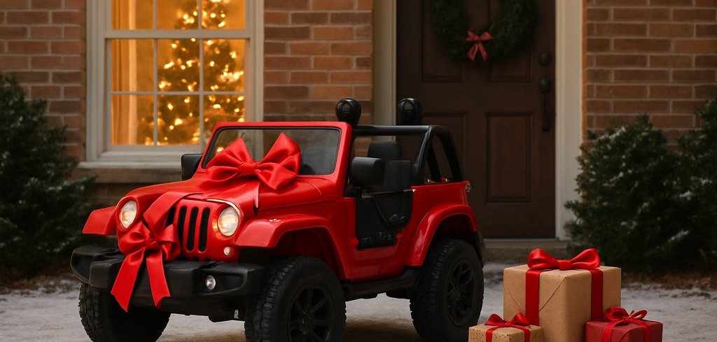 Red kids ride-on jeep with a big red bow and wrapped gifts outside a house on Christmas morning