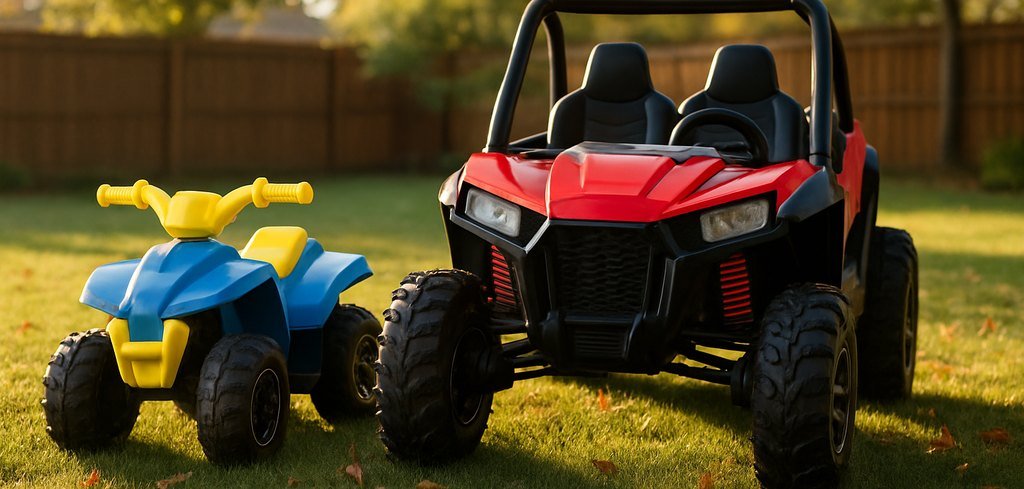 A small blue toddler quad and a larger red two-seat kids' ride-on buggy parked side by side on a backyard lawn in early fall