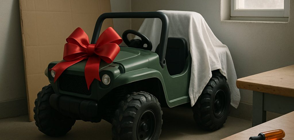 A small green kids' ride-on buggy with a big red bow on its hood, half covered by a white bedsheet in a garage, with a flattened shipping box behind it