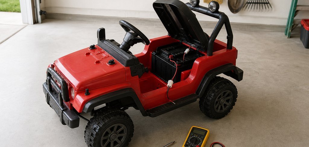 A small red kids' ride-on jeep parked in a garage with its seat lifted and the battery connector pulled apart, a screwdriver and multimeter on the floor beside it