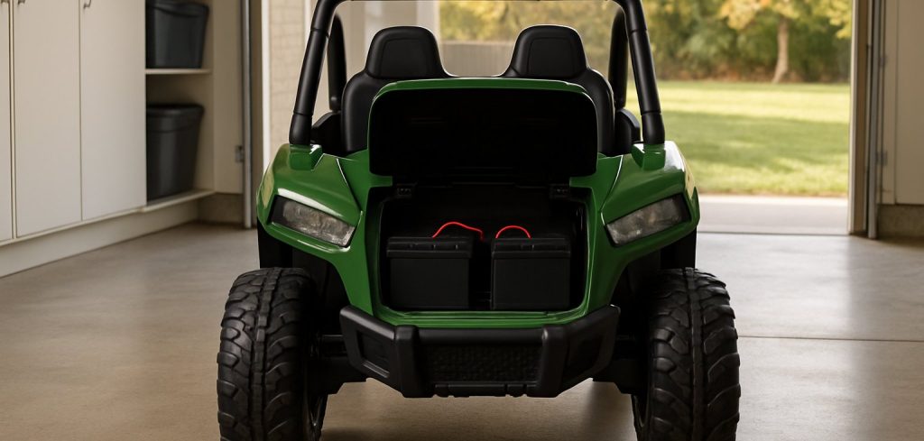 A green two-seat kids' ride-on UTV parked in a home garage with its front hood open, showing two plain black batteries side by side in the battery bay